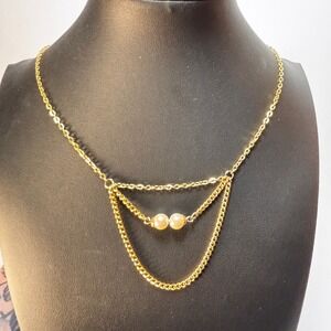 Necklace Draped Multi Layer Chain Choker Gold Tone Faux Pearl Accents